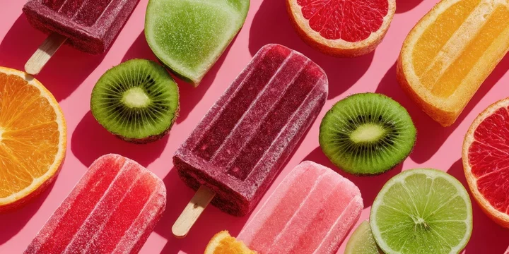 Frozen treats and citrus fruits on pastel pink surface
