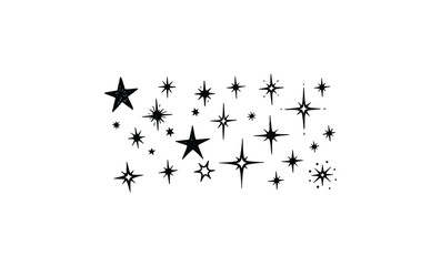 Obraz premium Assorted black starbursts and sparkles on white background. Vector retro hand drawn illustration.