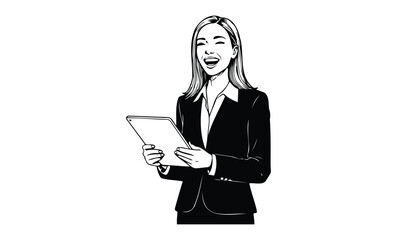 Caucasian young female professional with tablet smiling in business attire. Vector retro hand drawn illustration.