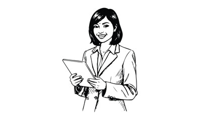 Asian female professional smiling with tablet in hand-drawn black and white artwork. Vector retro hand drawn illustration.