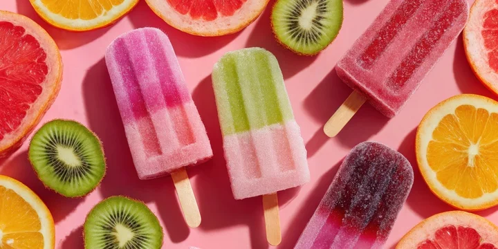 Colorful popsicles with fresh fruit on pink backdrop