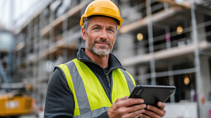 Portrait of mature engineer using digital tablet while standing at construction site