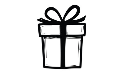 Bold black and white gift box sketch with ribbon and bow. Vector retro hand drawn illustration.