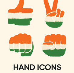 Set of Hand Gesture Icons Including Peace Sign, Fist, Thumbs Up, Rock Sign, and Victory Pose in Bold Flat Style

