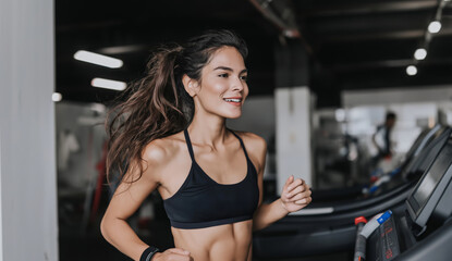 Fototapeta premium A young woman with long hair jogs on a treadmill in a modern gym. She appears focused and determined while exercising. The gym has training equipment in the background, creating an active atmosphere.