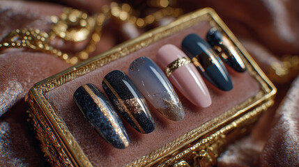 Close up of decorative nails on a golden box with a golden chain necklace