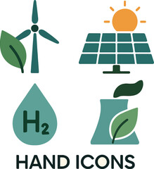 Eco Hand Icons with Renewable Energy Concepts Including Wind Turbine, Solar Panel, Green Hydrogen and Sustainable Development Themes

