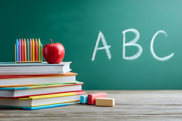 Stack of colorful school books with pencils, red apple, and ABC written on chalkboard, symbolizing education and back-to-school theme.