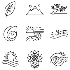 Minimalist line art icon set depicting nature and natural elements for design