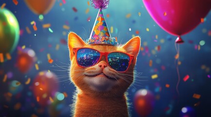 Fototapeta premium Smiling Orange Cat Wearing Party Hat and Sunglasses with Colorful Balloons
