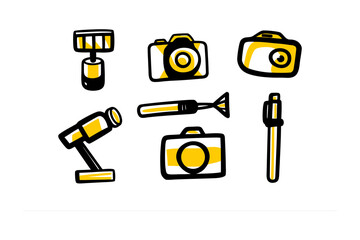 Collection of hand drawn icons featuring photographic equipment and writing instruments in a simple artistic style
