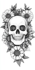 Tattoo design featuring a skull surrounded by flowers, against a white background