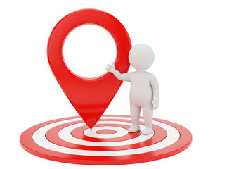Isolated 3D Character Near a Red Location Pin on a Target