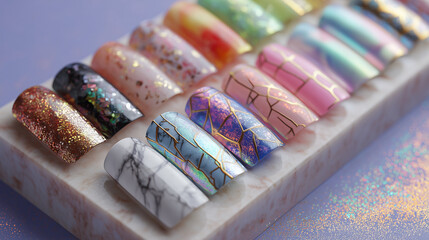Assorted nail art designs displayed on a white marble stand in bright light
