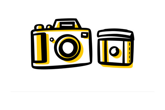 A simple doodle illustration of a vintage style camera and a film canister rendered with bold black outlines and yellow accents on a white background