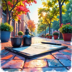 A vibrant autumn scene showcasing a sketchpad and ink bottle on a brick pathway, surrounded by colorful potted plants, perfect for creative and design-related projects.