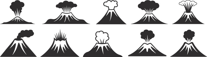 Volcano eruption vector silhouette set, explosive mountain icons, volcanic activity design, lava explosion clipart, natural disaster illustration