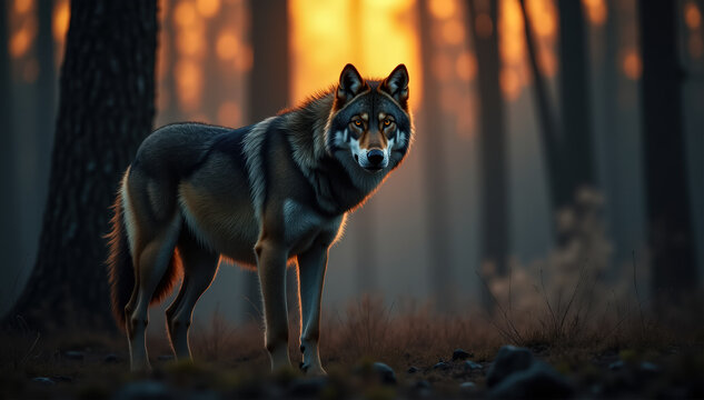 A grey wolf, body low and steady, emerges from dawn fog with glowing eyes and tension.