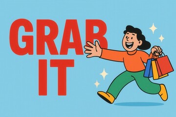 Colorful illustration of a cheerful person holding shopping bags next to bold text reading "GRAB IT" on a blue background, symbolizing shopping enthusiasm and retail concepts.