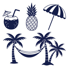 Dark blue silhouette of tropical vacation elements including a coconut drink pineapple umbrella and palm trees with a hammock