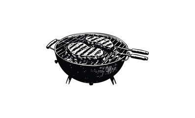 Monochrome illustration of charcoal grill with grilled steaks. Vector retro hand drawn illustration.