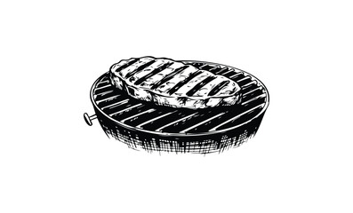 Grilled steak on barbecue grill hand-drawn illustration on white background. Vector retro hand drawn illustration.