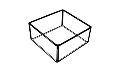 Black and white outline of a 3d cube with clear geometry and perspective. Vector retro hand drawn illustration.