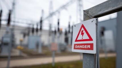 Danger sign high voltage area, surrounded by electrical equipment and fencing, conveys sense of caution and safety awareness. industrial setting emphasizes importance of adhering to safety