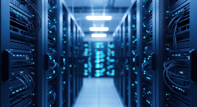 Multiple server racks emitting flashing blue lights create a futuristic atmosphere in a server room corridor, showcasing the power of modern data processing