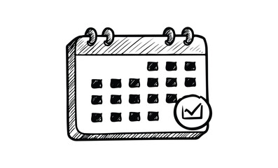 Hand-drawn desk calendar with check mark for monthly planning and organization. Vector retro hand drawn illustration.