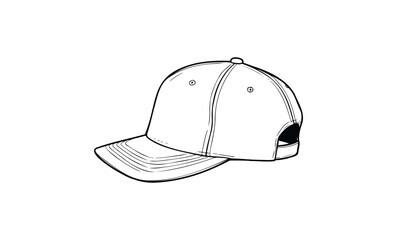 Fototapeta premium Black and white illustration of a baseball cap with stitch detail and ventilation eyelets. Vector retro hand drawn illustration.