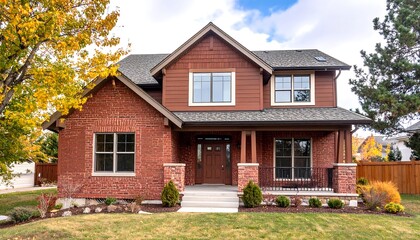 Modern brick house with autumnal trees