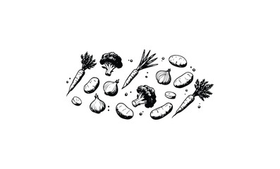 Hand-drawn vegetables arrangement with carrots, onions, broccoli, and potatoes in black and white. Vector retro hand drawn illustration.