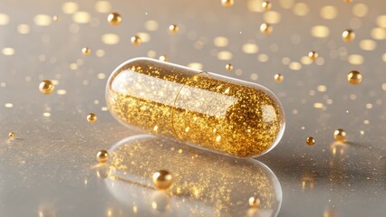 Transparent capsule filled with golden spheres and glittering bokeh background