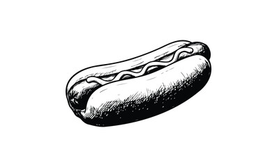 Black and white hot dog illustration with mustard on bun. Vector retro hand drawn illustration.