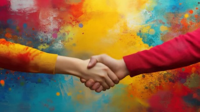 Colorful Handshake Agreement: Two People Shaking Hands on a Vibrant, Abstract Background