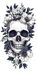 Obraz premium Tattoo design: skull with flowers, in black and white