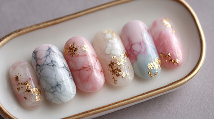 Close up of six decorated fingernails on a white plate with a gold rim edge