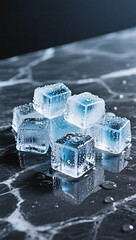 Ice cubes on dark marble with condensation, cool blue tones, vertical photo-style wallpaper