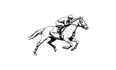 Obraz premium Black and white drawing of male jockey on racing horse. Vector retro hand drawn illustration.