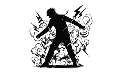 Silhouette of electrified anime character with lightning bolts and smoke. Vector retro hand drawn illustration.