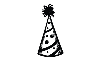 Black and white party hat sketch with pom pom and dotted design. Vector retro hand drawn illustration.