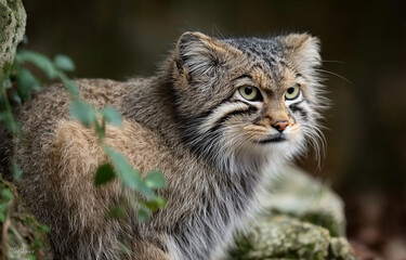 Pallas&rsquo;s cat in the wild among rocks and vegetation &ndash; rare feline species with dense coat and piercing eyes