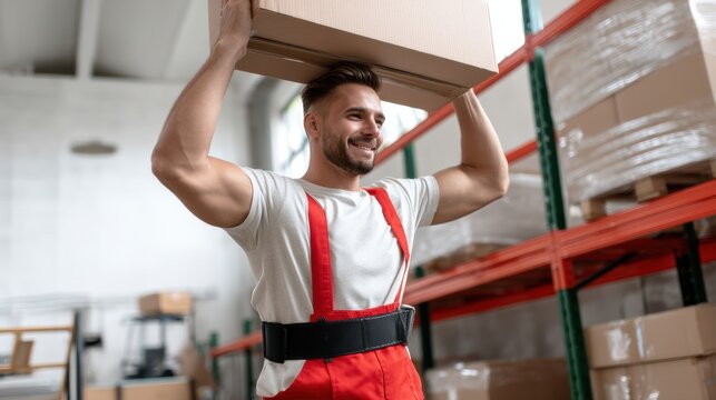 Worker lifts box overhead with proper posture and support, showcasing strength and determination in warehouse environment. scene emphasizes safety and efficiency in manual handling