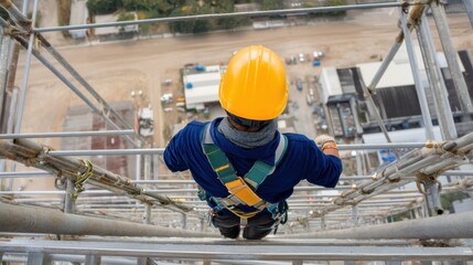 Worker in yellow hard hat and safety harness is climbing scaffold, showcasing importance of fall protection in construction. view from above highlights height and safety measures in place