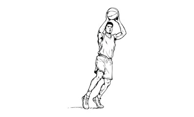 Obraz premium Young african male basketball player shooting ball in athletic pose. Vector retro hand drawn illustration.