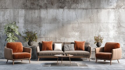 Modern living room with a concrete wall