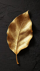 Phone screensaver Golden leaf on charcoal texture background, elegant nature abstraction, centered vertical view