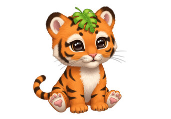 Isolated Adorable Tiger Cub with Green Leaf Crown