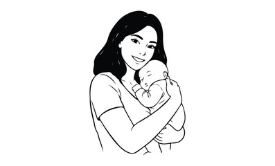 Asian adult female holding sleeping baby in stylized black and white illustration. Vector retro hand drawn illustration.